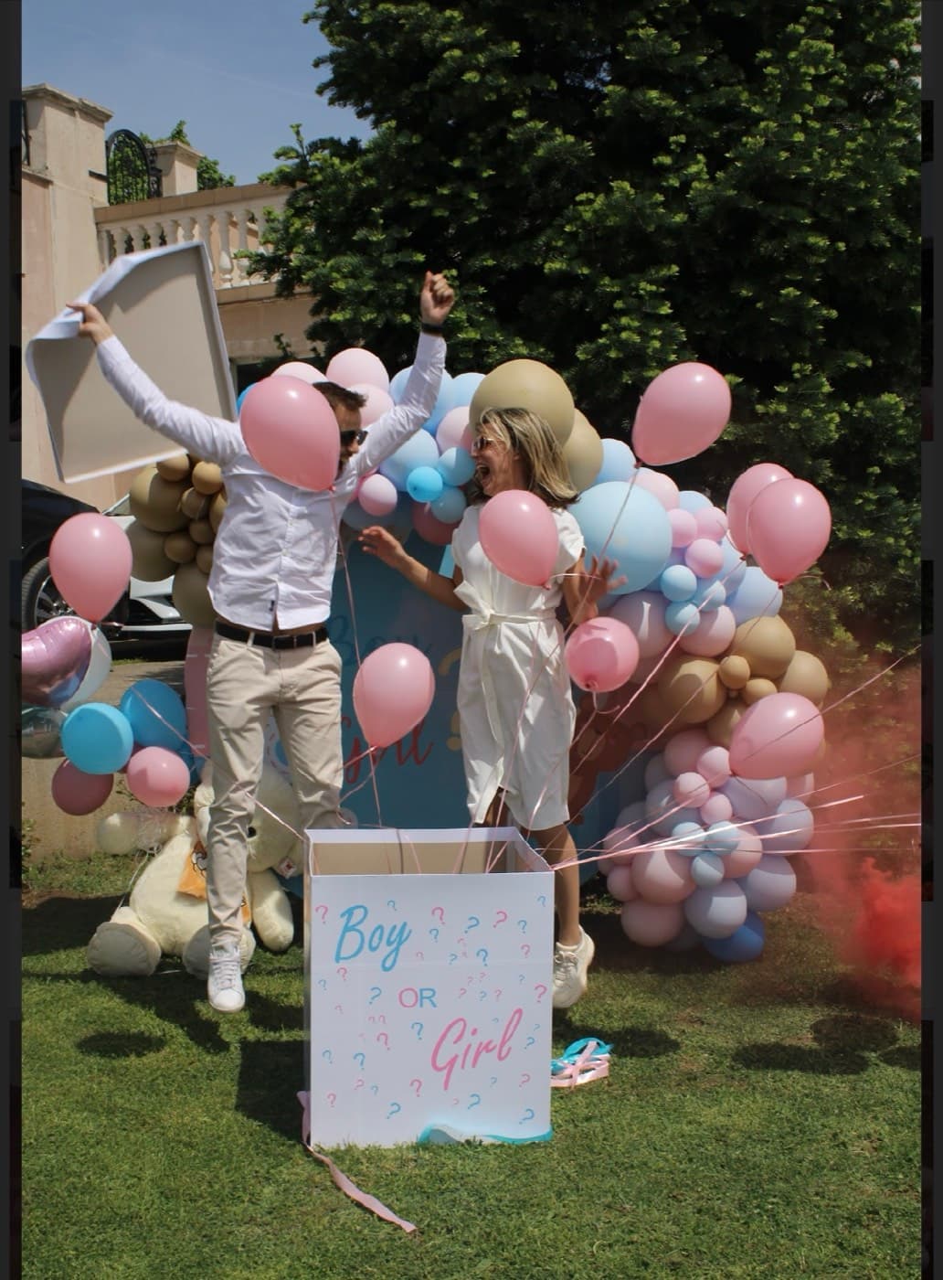 Baby shower dekoracija u dvorištu sa roze i plavim balonima